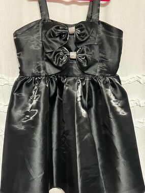 Stanley Black Satin Dress with Double Bows and Rhinestone Centers